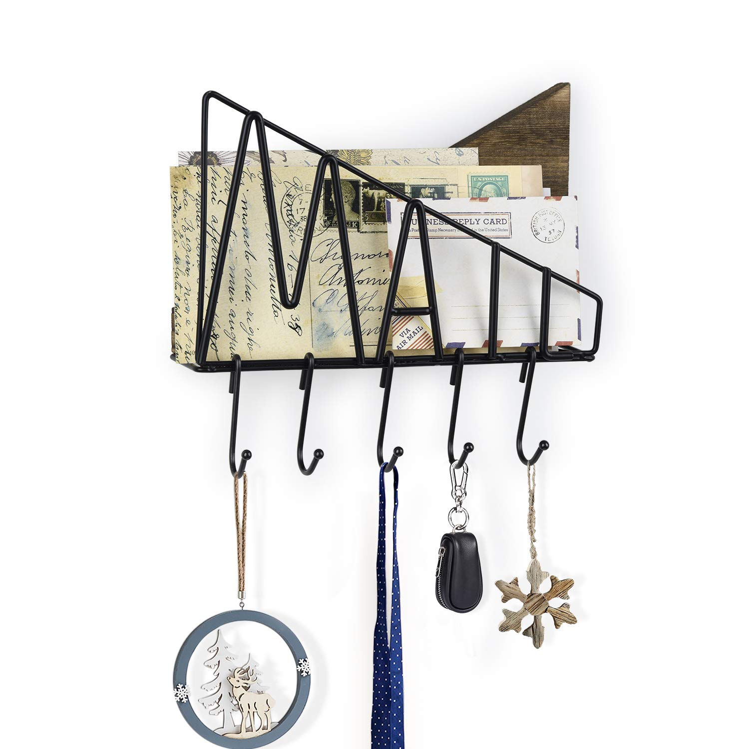 SRIWATANA Letter Mail Holder Wall Mount, Rustic Bill Mail Organizer Hanging Key Holder with Five Removable Hooks
