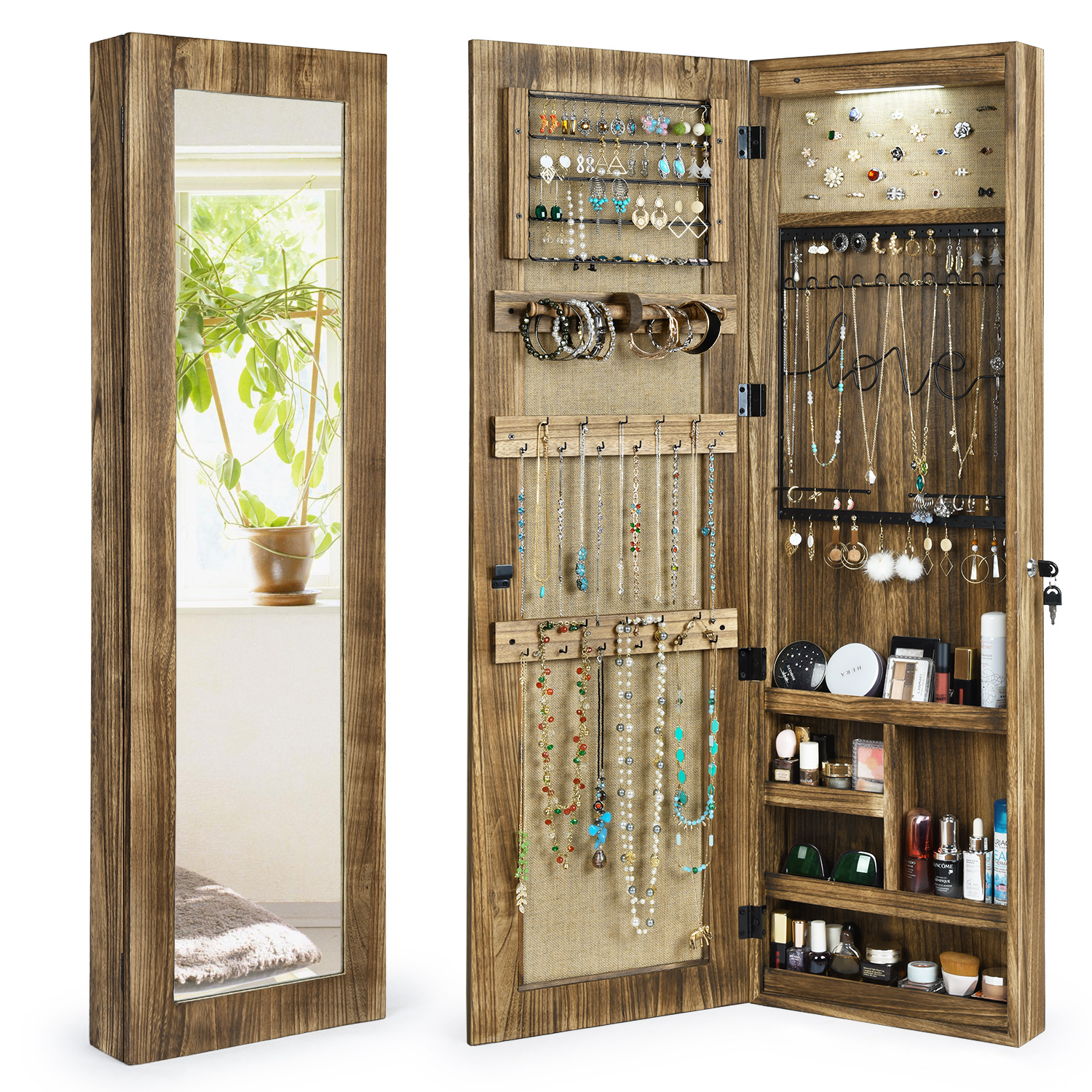 Jewelry Armoire Cabinet, Solid Wood Jewelry Organizer with Full Length Mirror Wall/Door Mounted(Carbonized Black)
