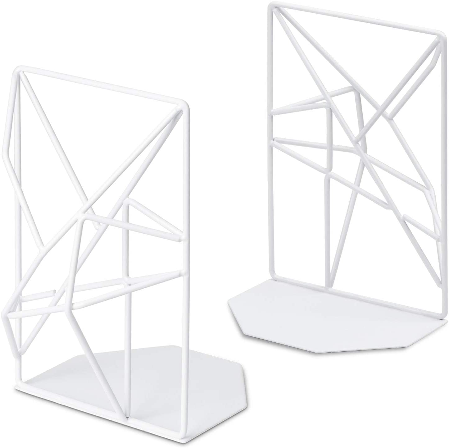 SRIWATANA Bookends White, Decorative Metal Book Ends Supports for Shelves, Unique Geometric Design(1 Pair/2 Pieces)